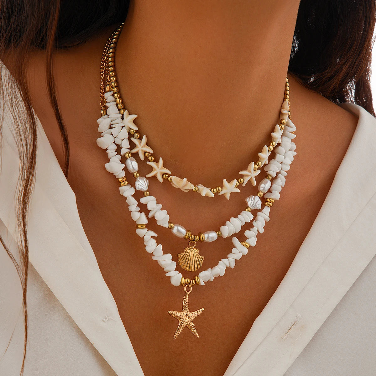 Ingemark 3Pcs/Set Boho Starfish Conch Pendant Choker Necklace Women Creative White Irregular Stone Chain Aesthetic Y2K Jewelry