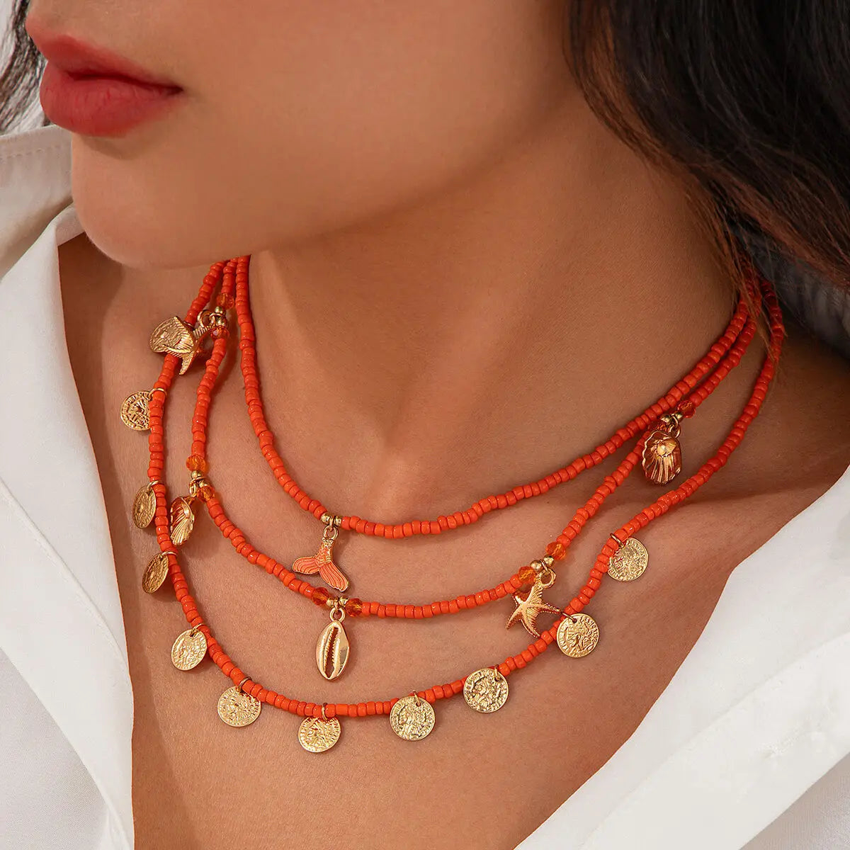 Ingemark 3Pcs/Set Boho Orange Seed Beads Chain Necklace for Women Summer Vintage Metal starfish Conch Coin Pendant Y2K Jewelry