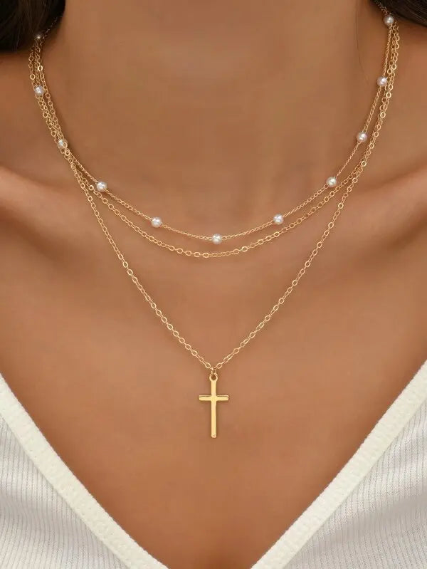 Summer New Creative Simple Temperament Lady Pearl Cross Multi-layer Necklace