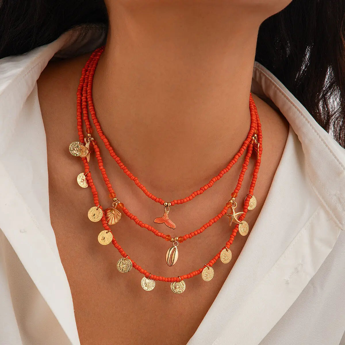 Ingemark 3Pcs/Set Boho Orange Seed Beads Chain Necklace for Women Summer Vintage Metal starfish Conch Coin Pendant Y2K Jewelry