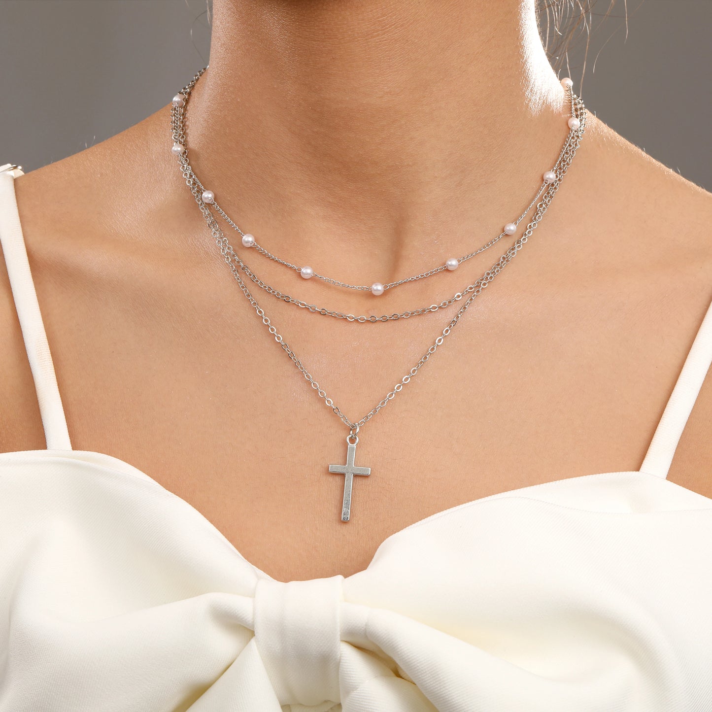 Summer New Creative Simple Temperament Lady Pearl Cross Multi-layer Necklace