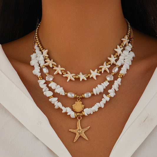 Ingemark 3Pcs/Set Boho Starfish Conch Pendant Choker Necklace Women Creative White Irregular Stone Chain Aesthetic Y2K Jewelry