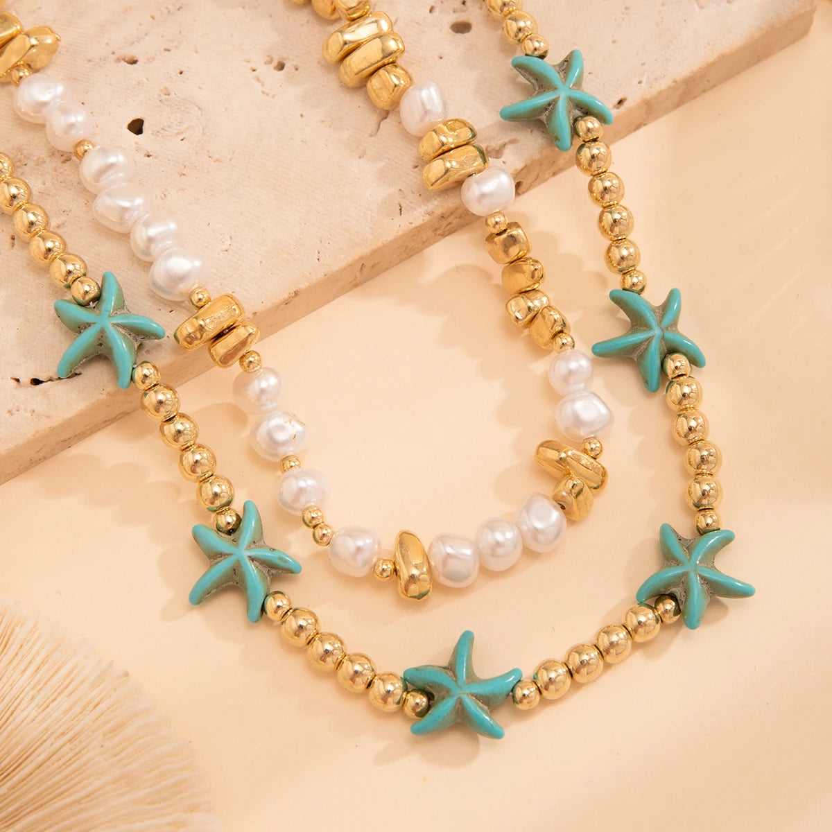 2Pcs/Set Boho Ocean Blue Starfish Star Beads Chain Necklace for Women Kpop Imitation Pearl Choker Aesthetic Beach Y2K Jewelry