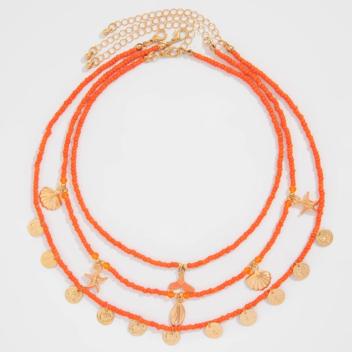 Ingemark 3Pcs/Set Boho Orange Seed Beads Chain Necklace for Women Summer Vintage Metal starfish Conch Coin Pendant Y2K Jewelry