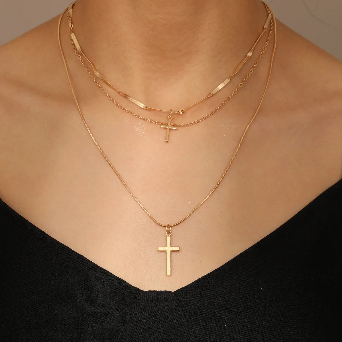 Summer New Creative Simple Temperament Lady Pearl Cross Multi-layer Necklace