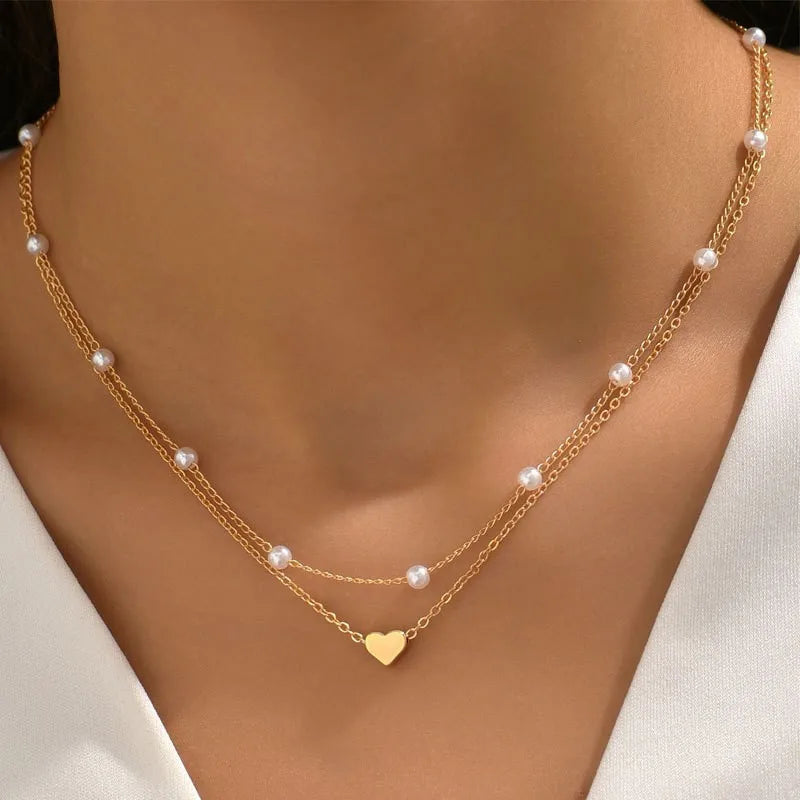 FTCY 3pcs Women's Pearl Necklace Set 14K Gold Fashion Love Heart Pendant Waterproof Hypoallergenic Collarbone Neck Chain Jewelry