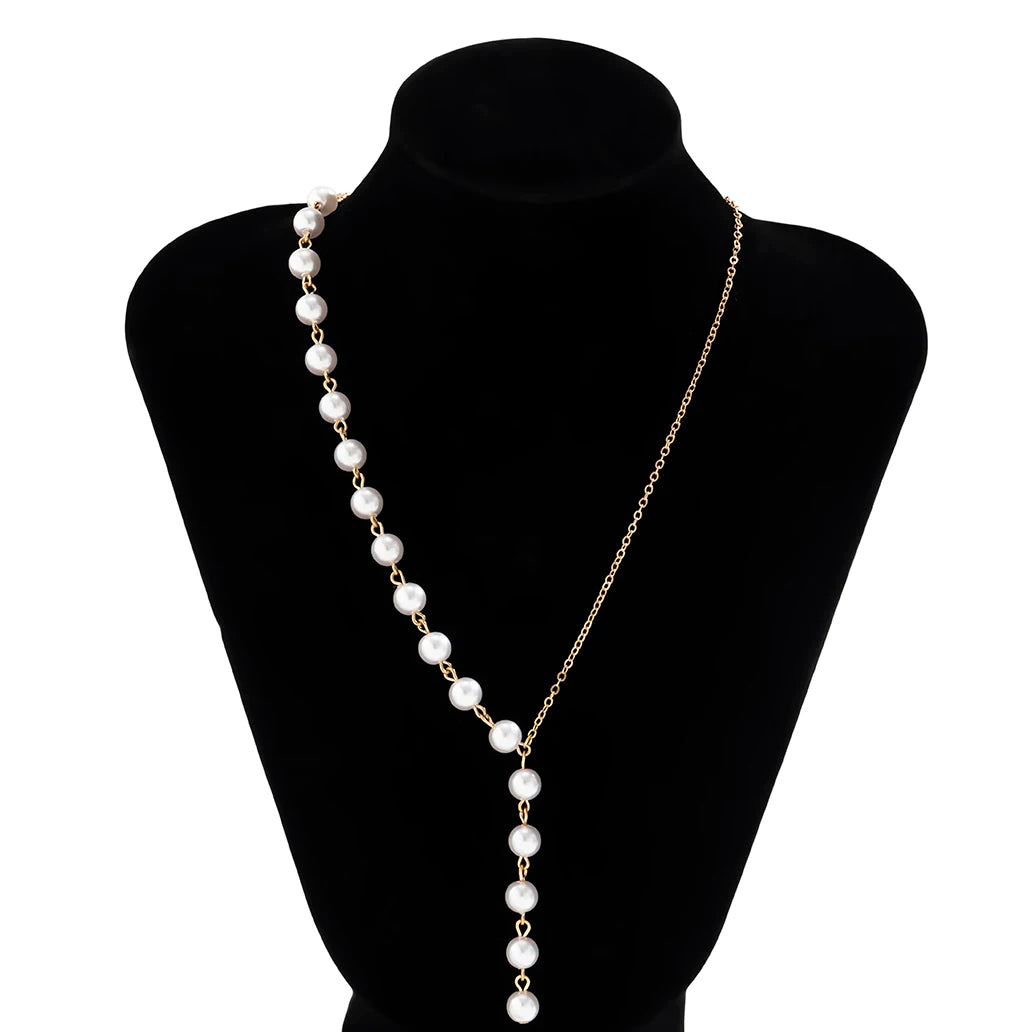 Ingemark Elegant Asymmetric Imitation Pearl Chest Chain Necklace Women Wed Bridal Kpop Bead Long Choker Accessories Jewelry New