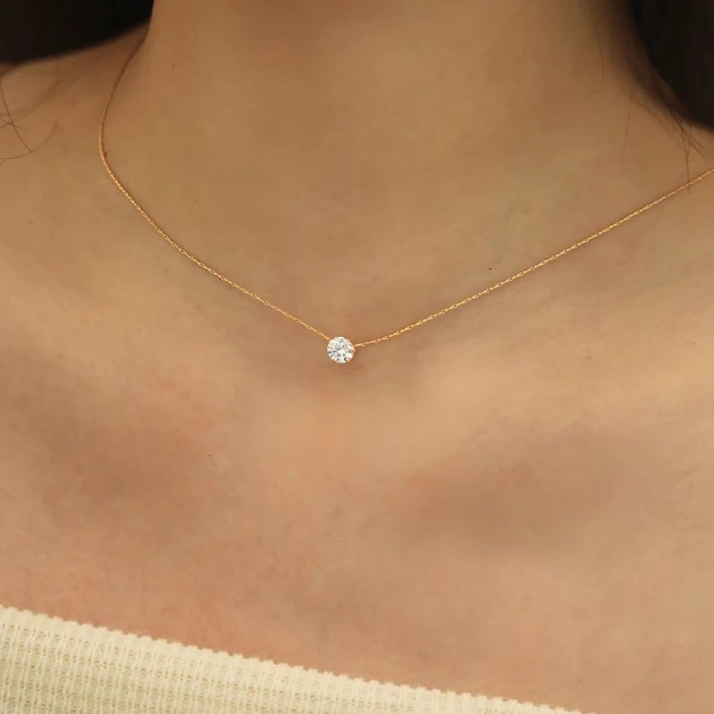 Stainless Steel Gold Plated Dainty Minimalist Zircon Charm Anti Tarnish Chain Round Clear Cz Stone Necklace for Women Jewelry