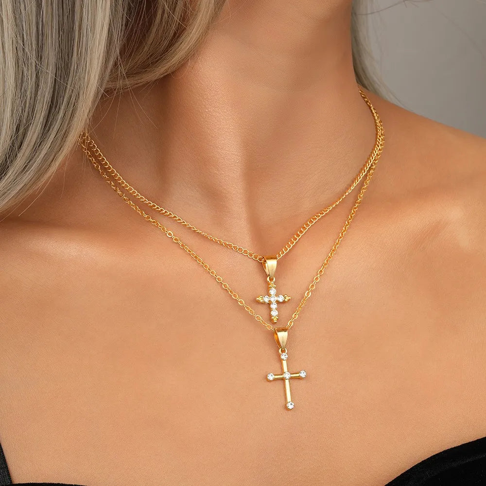 Summer New Creative Simple Temperament Lady Pearl Cross Multi-layer Necklace