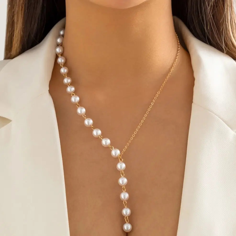 Ingemark Elegant Asymmetric Imitation Pearl Chest Chain Necklace Women Wed Bridal Kpop Bead Long Choker Accessories Jewelry New